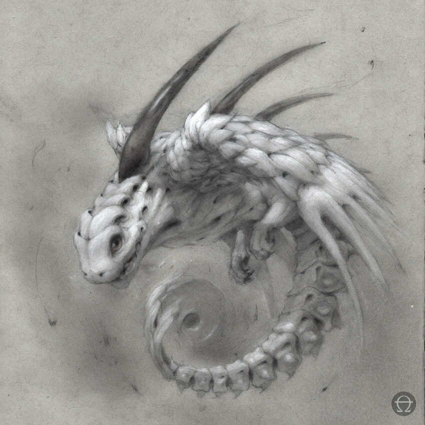 Eine detaillierte Bleistift- und Pastellzeichnung eines Drachen. Der Drache wirkt skelettartig, mit sichtbarer Knochenstruktur, die seine Flügel bildet, und einem langen, mit Stacheln bedeckten Schwanz. Er hat markante schwarze Stacheln, die aus seinem Kopf herausragen.