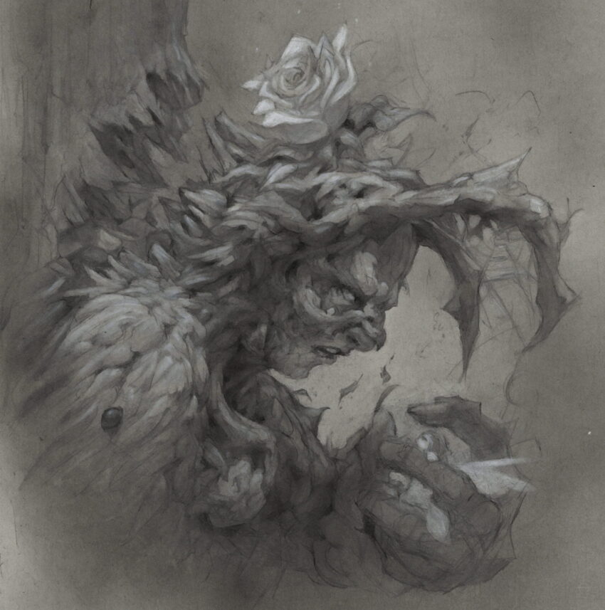 Bleistiftzeichnung einer eines Fantasy-Characters, die halb Mensch, halb Baum ist und eine kleine Fee in ihrer Hand hält, mit einem wütenden und erstaunten Gesichtsausdruck.