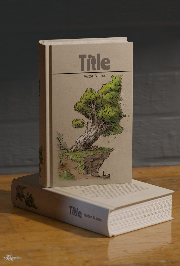 3D Book Cover render form Blender showing a tree with with bark with generic title.